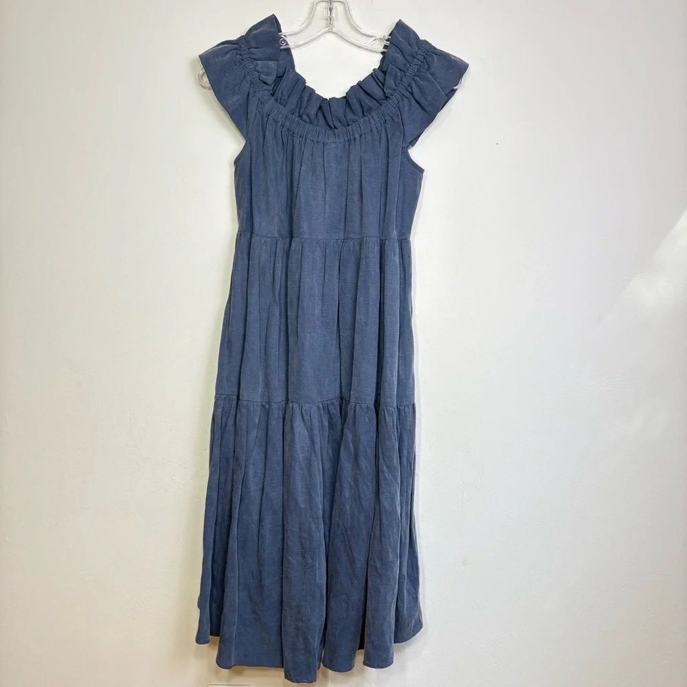 ULLA JOHNSON Olivia Off-the-Shoulder Tiered Ruffle Chambray Denim Linen Dress 2 - Picture 2 of 16